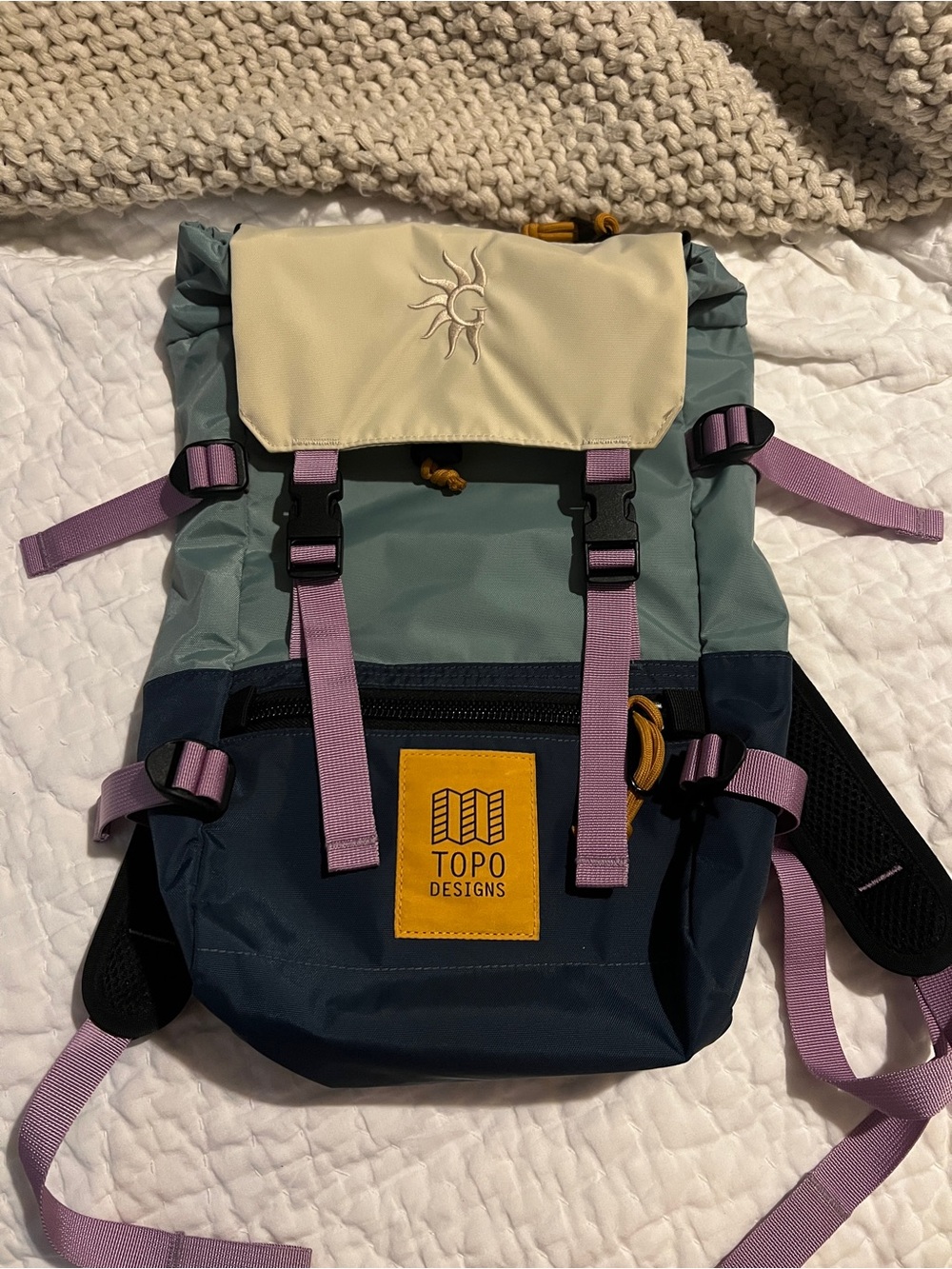 Topo Designs Backpack in Sage, Cream, Navy & Lavender
